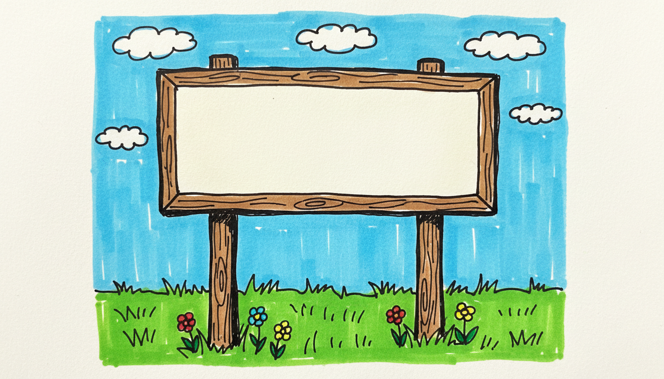 Hand-drawn billboard standing in green grass